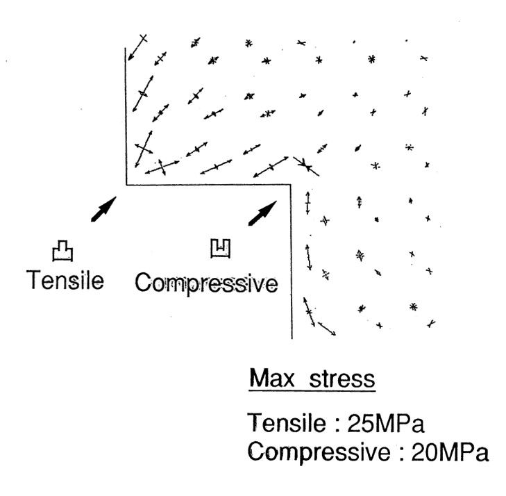 凹、凸での応力解析結果（最大応力：引張り20MPa、圧縮20MPa）